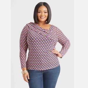 Ashley Stewart Multicolor Geo Print Asymmetric Long Sleeve Blouse Top Size 14/16